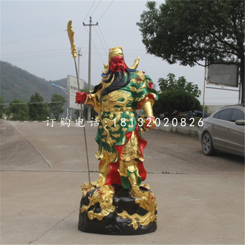 玻璃鋼彩繪關(guān)公，拿刀關(guān)公刀雕塑
