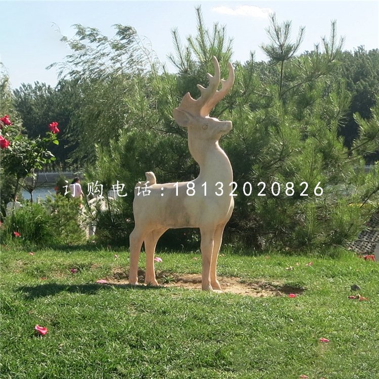 小鹿石雕，晚霞紅動物雕塑