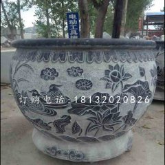 荷花石浮雕水盆，青石水缸