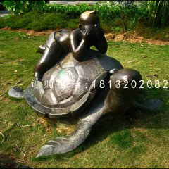 趴在烏龜上的小男孩銅雕，公園銅雕