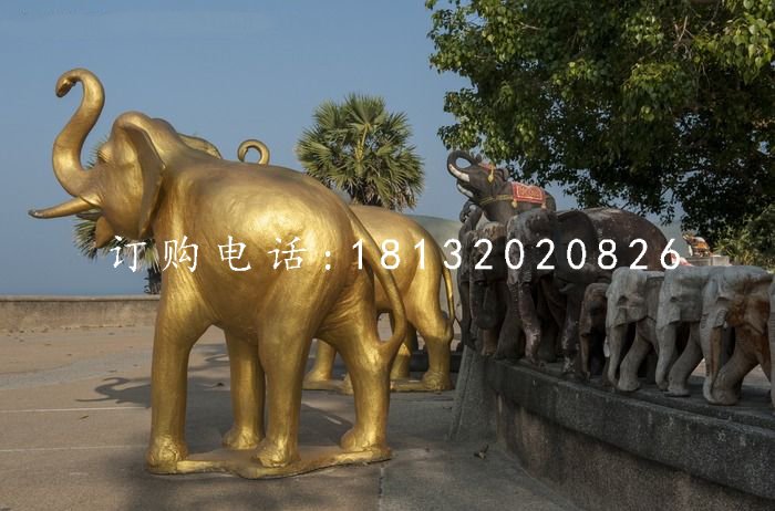 玻璃鋼金色大象，廣場動物雕塑