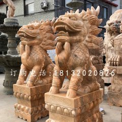 晚霞紅門口麒麟，古代神獸石雕