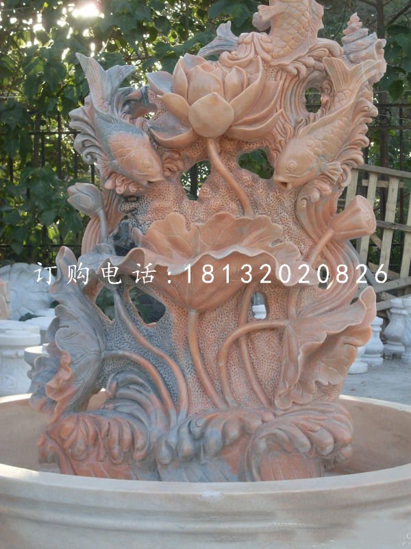 鯉魚(yú)荷花石雕，晚霞紅石雕