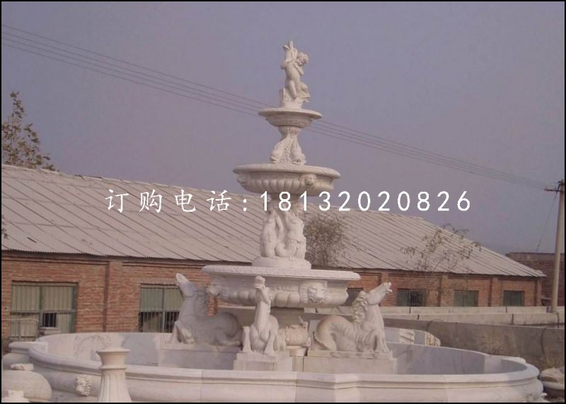 三層噴泉石雕，漢白玉歐式噴泉