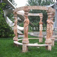西方人物石涼亭，晚霞紅歐式?jīng)鐾? width=