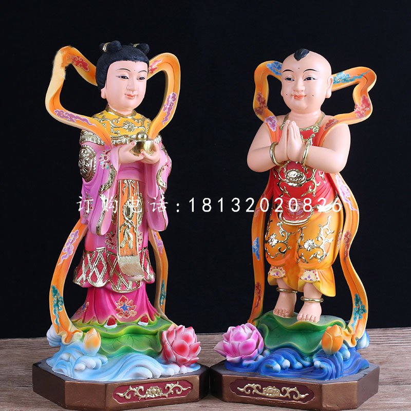 玻璃鋼善財(cái)童子龍女雕塑，彩繪神像雕塑