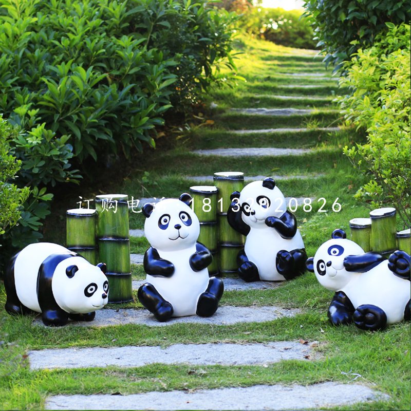 吃竹子的熊貓雕塑，玻璃鋼仿真動(dòng)物雕塑