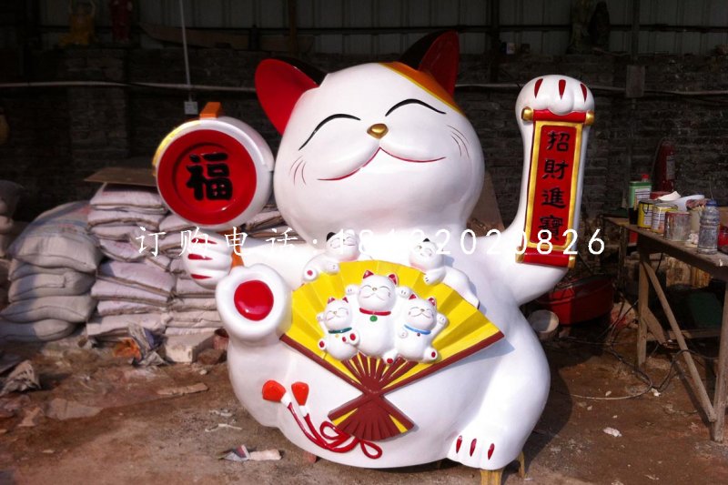 玻璃鋼招財貓，卡通動物雕塑，商場景觀雕塑