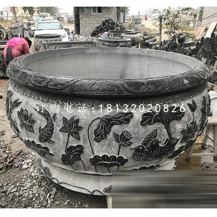 水缸石雕，青石荷花浮雕水缸 (2).jpg