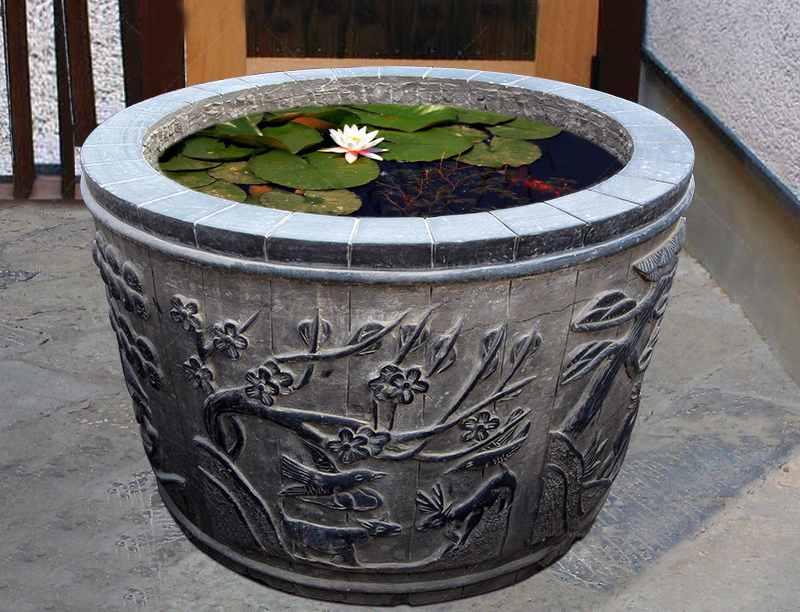 梅花喜鵲石浮雕魚缸，庭院擺件石雕