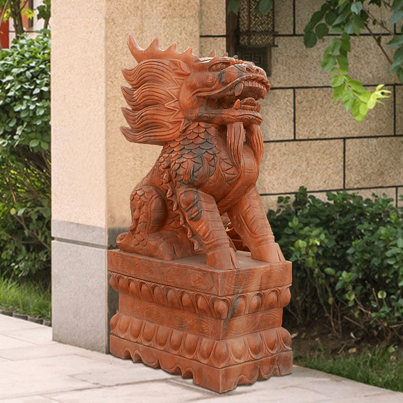 晚霞紅麒麟石雕，鎮(zhèn)宅石雕