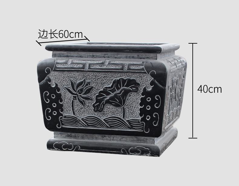 荷花浮雕水缸，青石浮雕水缸