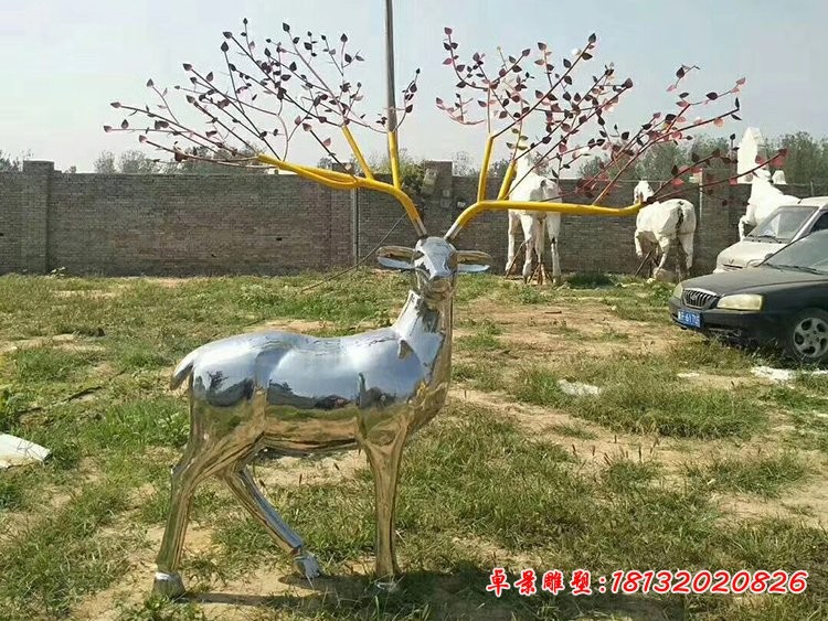 公園動(dòng)物雕塑，不銹鋼鏡面鹿雕塑