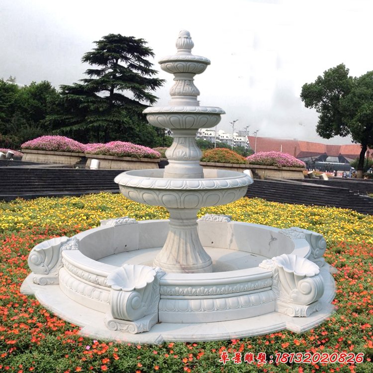漢白玉三層噴泉石雕，公園歐式噴泉石雕[1]