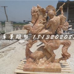 西方人物騎馬石雕，晚霞紅景觀石雕