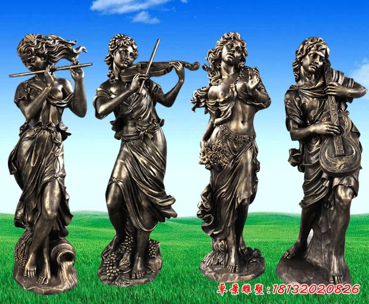 吹拉彈唱人物雕塑，玻璃鋼仿銅人物