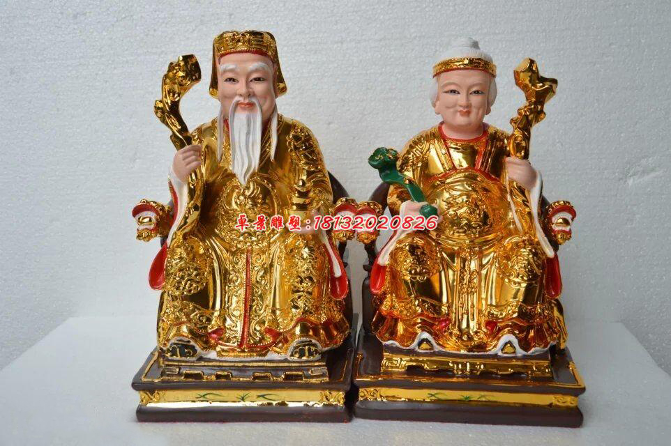 土地公土地婆雕塑,玻璃鋼貼金神像雕塑