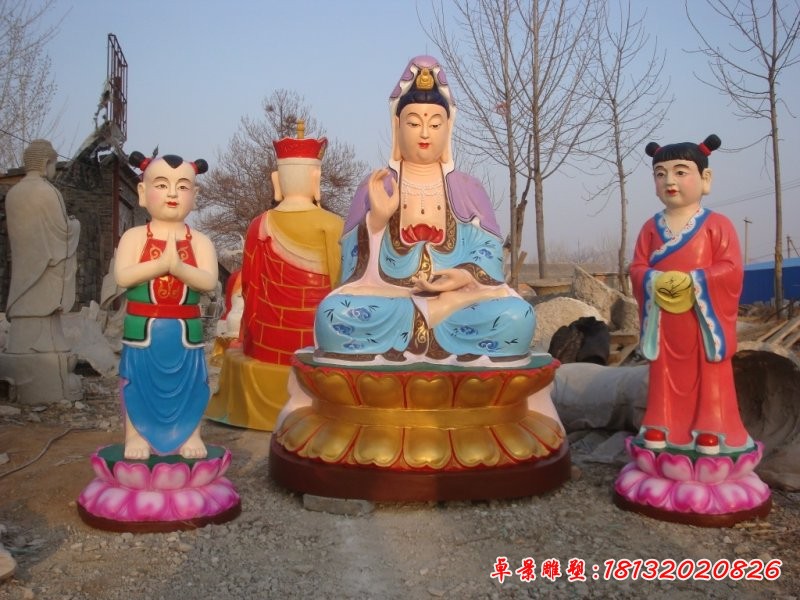 觀音菩薩與善財童子雕塑,玻璃鋼佛像雕塑