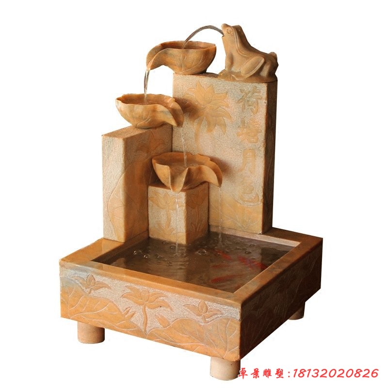晚霞紅荷塘月色流水?dāng)[件，庭院流水石缽
