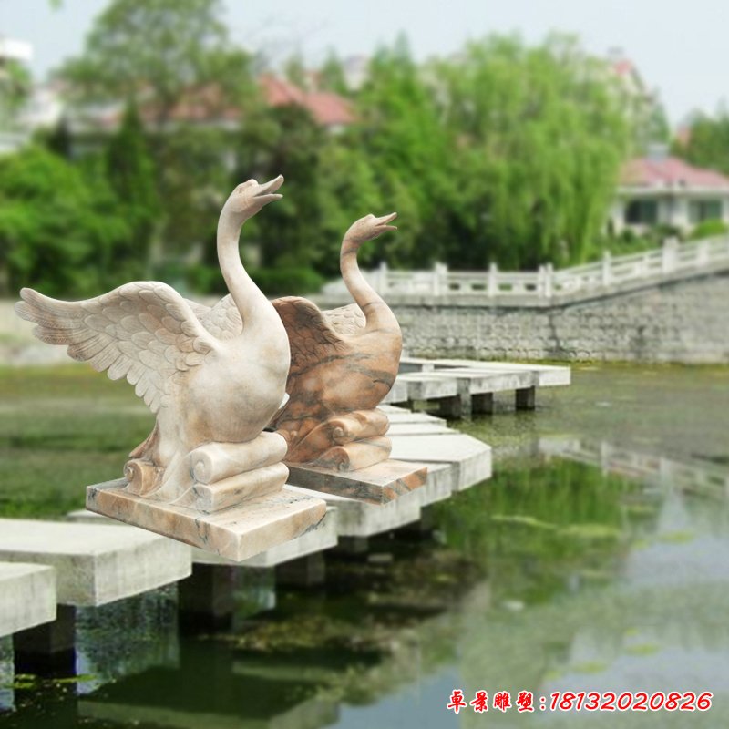 晚霞紅噴水天鵝，公園景觀石雕 (2)